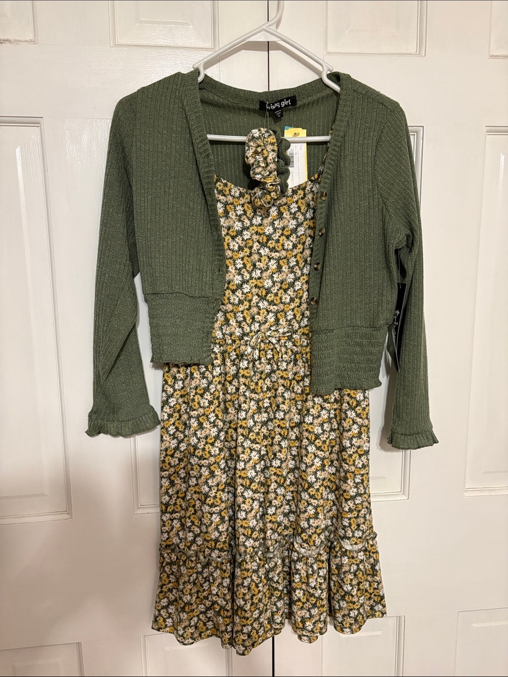 Girls Olive Green Cardigan with Yellow Floral Tiered Dress Set